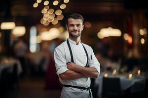 ai generado retrato de un cocinero , bokeh antecedentes foto