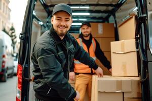 ai generado trabajadores descarga cajas desde un camioneta al aire libre. Moviente, agente de mudanzas servicios y Moviente concepto. dos joven hermoso sonriente trabajadores en uniforme son descarga un camioneta lleno de cajas foto