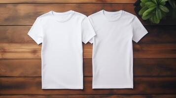 ai generado dos blanco camisetas en el mesa, parte superior vista, ropa Tienda publicidad foto