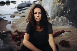 AI generated portrait of beautiful young female woman sitting on the gravel on the beach photo