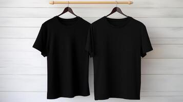 AI generated two black T-shirts hanging on a hanger, white background, clothing store advertisement photo