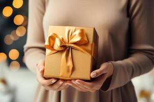 AI generated Woman hands holding elegant present gift box with golden ribbon photo