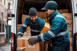 AI generated workers unloading boxes from a van outdoors. Moving, mover services and moving concept. Two young handsome smiling workers in uniform are unloading a van full of boxes. photo