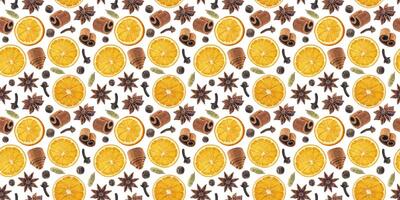 Seamless pattern of christmas spices for decoration. Ingredients for mulled wine isolated on white background. Cinnamon sticks, dried oranges, allspice, star anise. photo