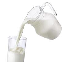 Pouring milk from jug into glass isolated on white background photo