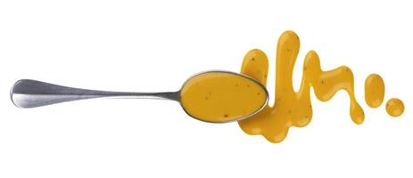 Honey mustard sauce with spoon isolated on white background. Top view photo