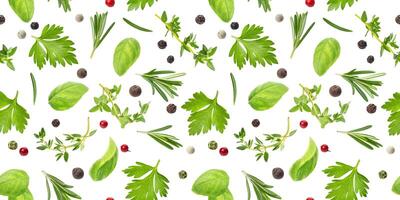 Different spices and herbs seamless pattern isolated on white background, top view photo