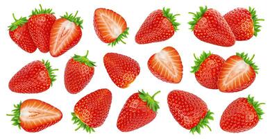 Delicious whole and chopped fresh ripe strawberries set isolated on white background photo