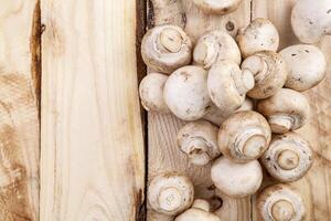 Mushrooms champignon on wooden table. Top view. Copy space. photo