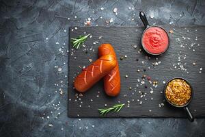 Grilled sausages with spices on a stone plate. Dark background photo