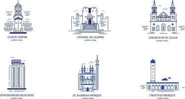 medio oriental ciudad íconos con urbano puntos de referencia lineal ilustraciones de moderno ciudad vector