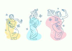 set of simple thin lines of woman Bali dancers vector