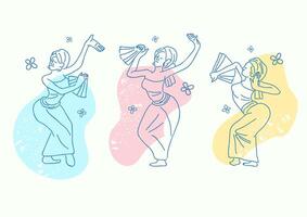 set of simple thin lines of woman Bali dancers vector