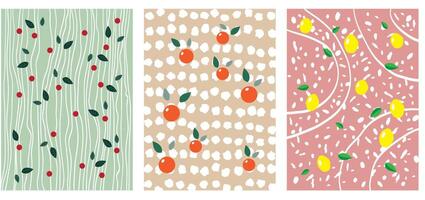 Set of Vector Patterns with Fruits and Leaves In Flat Colors