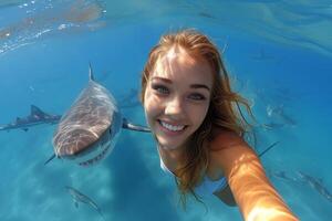 ai generado niña haciendo selfie mientras rodeado por tiburones foto