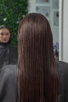 Portrait of a beautiful woman with long brown straight hair in a beauty salon. photo