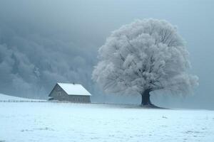 ai generado grande árbol y pequeño casa en un Nevado paisaje foto