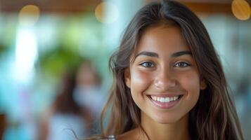 AI generated The young student's infectious smile lights up the frame, exuding positivity and happiness photo