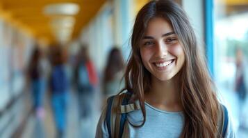 ai generado el joven estudiantes infeccioso sonrisa luces arriba el marco, exudando positividad y felicidad foto