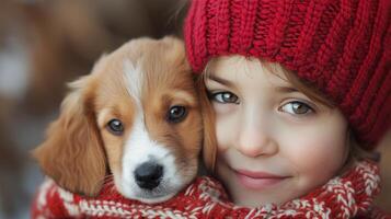 ai generado un niño y un cachorro, compartiendo un momento de incondicional amor y compañerismo foto