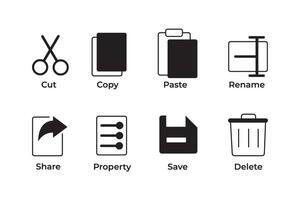 Cut, copy, paste, rename, share, save and delete icon symbol collection in line and glyph style vector