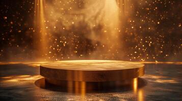 AI generated Empty gold podium on the golden sand floor with golden glitter background photo