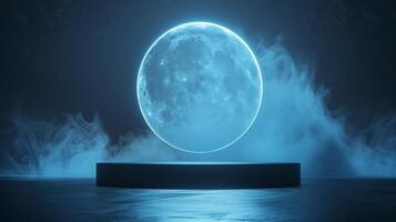 AI generated empty black podium front of the big glowing blue moon on space and stars background with smoke photo