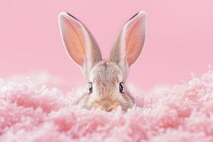 ai generado un par de Conejo orejas emergente desde un madriguera, conjunto en contra un suave pastel rosado fondo, capturar el esencia de Pascua de Resurrección foto