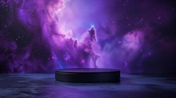 AI generated An empty black podium against the backdrop of blue purple outer space. for product display, Blank showcase, mock up template or cosmetic presentation photo