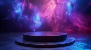 AI generated An empty black podium against the backdrop of blue purple outer space. for product display, Blank showcase, mock up template or cosmetic presentation photo