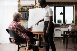 Senior woman learning to draw with teacher, taking art class, learning something new in retirement. Diverse different aged students talking during drawing lesson. Creative activities for seniors photo