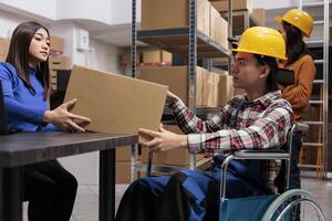 Postal service workers collaborating in warehouse and coordinating delivery. Asian distribution manager team working in storehouse while checking cardboard box packing quality photo