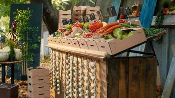 Locally grown farming products at empty farmers market stand with organic agricultural farming counter. Various colorful fresh bio fruits and vegetables lying on stall at harvest festival. photo