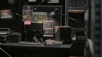 Empty incident room equipped with photos and witness information, criminal investigation with evidence map on wall board. Private detective space filled with photos and case files records.