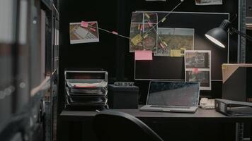 Empty incident room with criminal case investigation, board with clues and evidence. Suspicious research photos and file folders on racks, federal confidential documents in agency office.