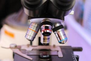 Close-up of the microscope in the laboratory. Microscope for scientific research. photo