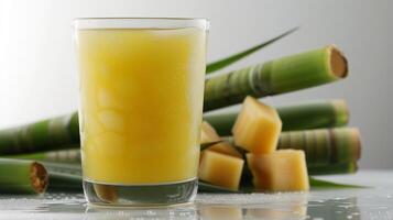 AI generated Fresh squeezed sugar cane juice with sugar cane isolated on white background photo