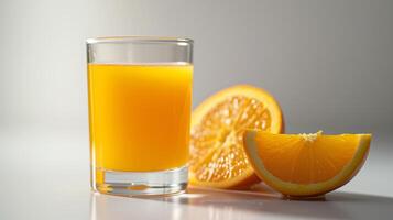 AI generated glass of fresh orange juice with sliced orange isolated on white background photo