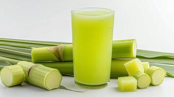 AI generated Fresh squeezed sugar cane juice with sugar cane isolated on white background photo