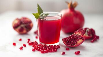 AI generated Glass of Pomegranate juice with Pomegranate fruit isolated on white background. photo