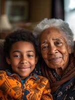 AI generated Elderly black woman smiling joyfully with her adorable grandchild, exuding warmth and family respect for the elderly. photo