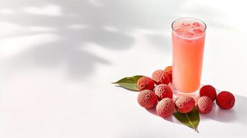 AI generated a glass of fresh lychee juice on white natural background with copy space photo