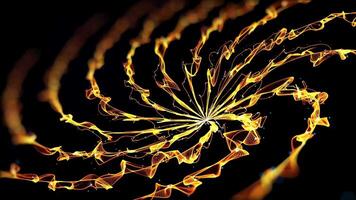 Formed beautiful bright fiery spiral on black background. Spiral with glowing yellow wavy lines appears and disappears in isolated space video