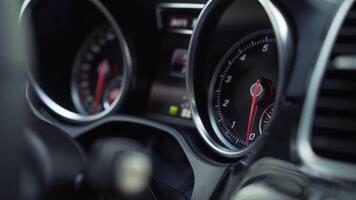 Close-up car speed dashboard of car interior. Stock. Close-up of car panel video