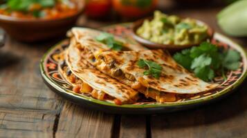 AI generated a golden, crispy quesadilla filled with oozing melted cheese and sauteed mushrooms, cut into wedges and served on a vibrant, patterned Mexican plate. photo