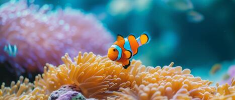 AI generated Clown fish, Anemonefish or Amphiprion ocellaris swim among the tentacles of anemones on the ocean photo