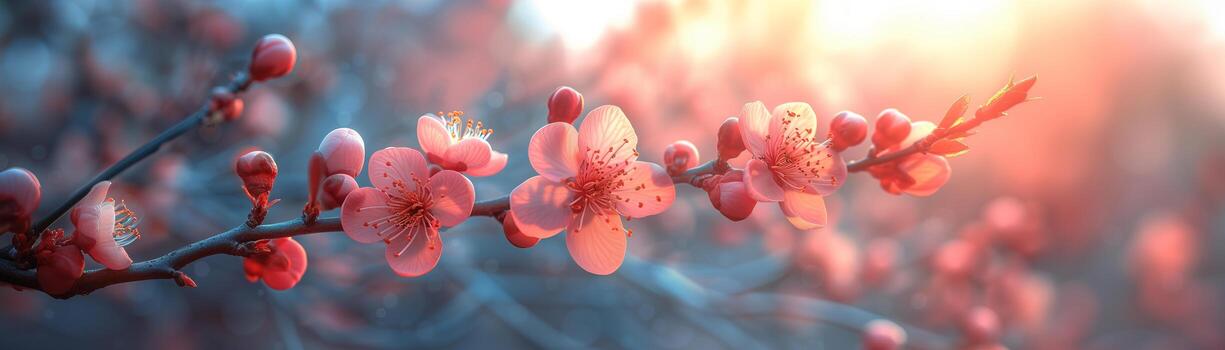 ai generado un Cereza florecer árbol en lleno floración con calentar Mañana luz de sol en primavera estación, delicado flores contrafuertes un azul cielo foto
