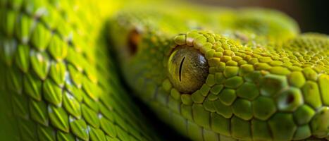 ai generado macro foto de un verde serpiente ojo