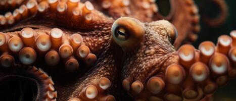 AI generated Macro shot of an Octopus eyes and tentacles on dark blue ocean background photo