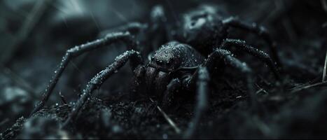 AI generated A close up of black tarantura spider on dark scary background photo